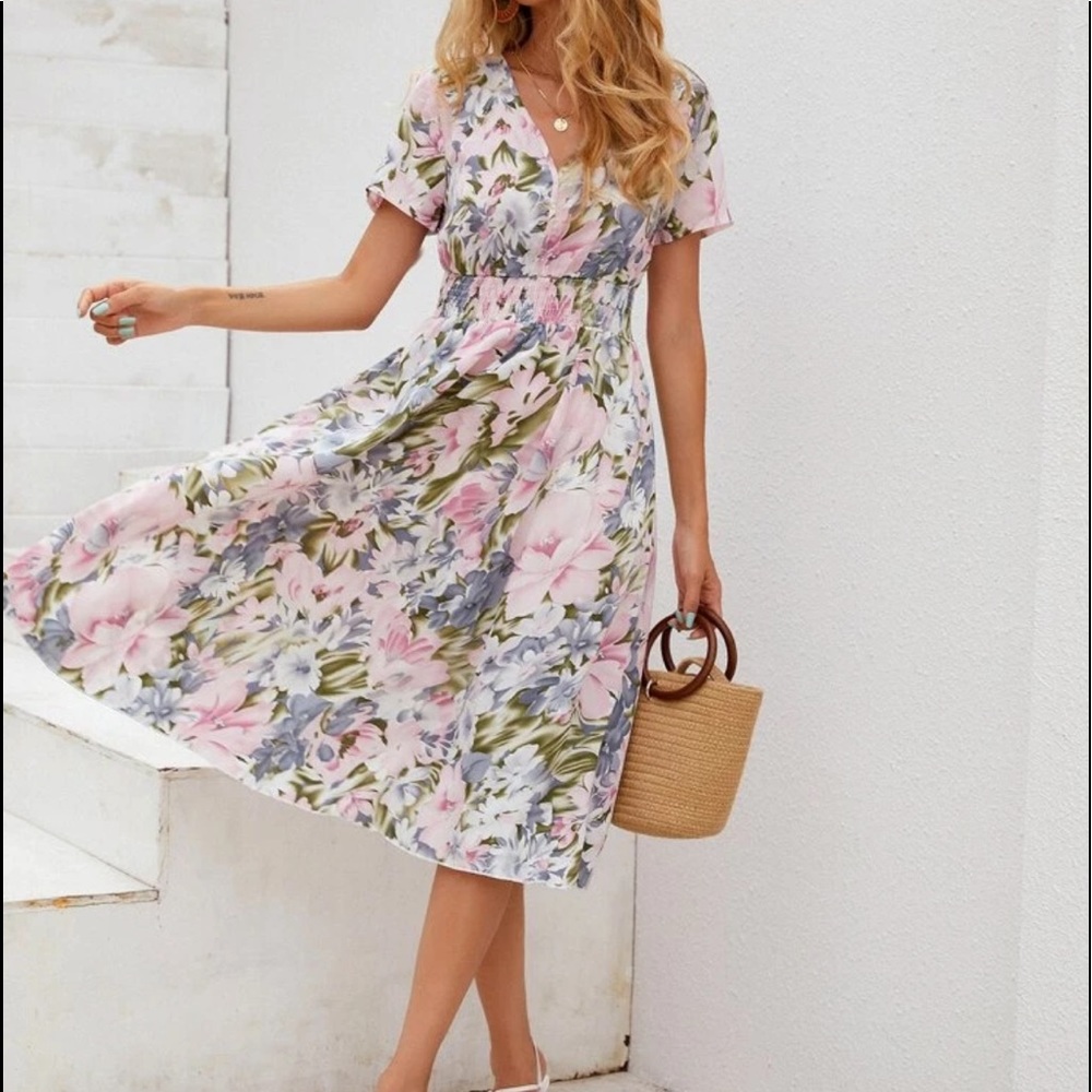 Boho floral print shirred waist dress - Picture 6 of 8